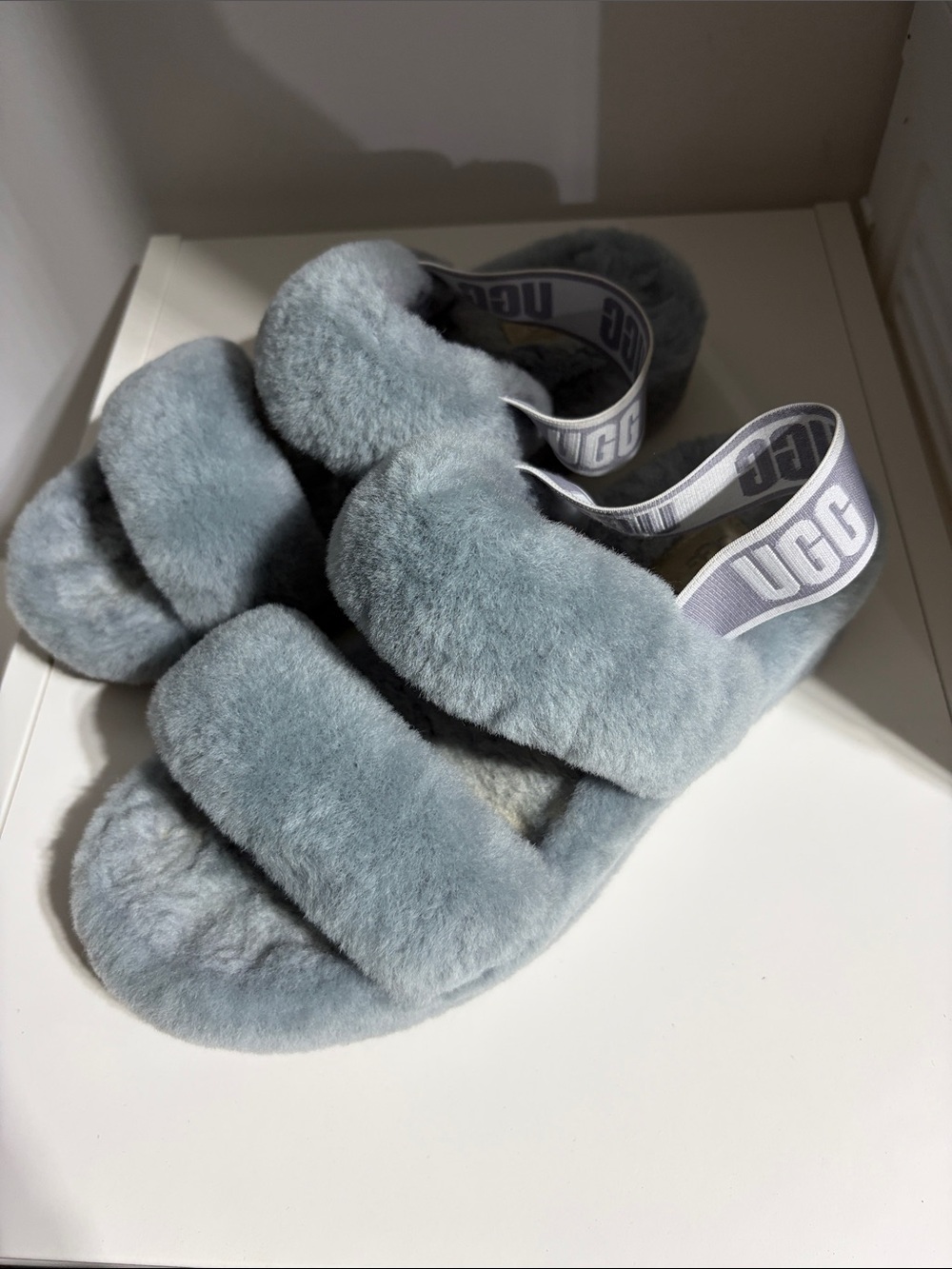 UGG Women's Gray-Blue Fluff Slide Sandals
